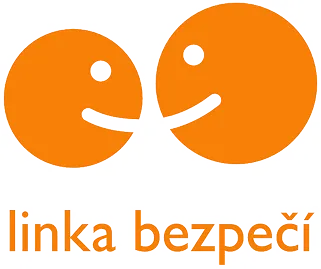 Oranžové logo Linky bezpečí se dvěma stylizovanými postavami.